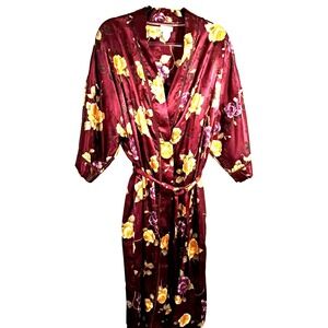 Vtg Cinema Etoile Burgundy Slip Dress & Floral‎ Robe Womens L Romantic Cottage
